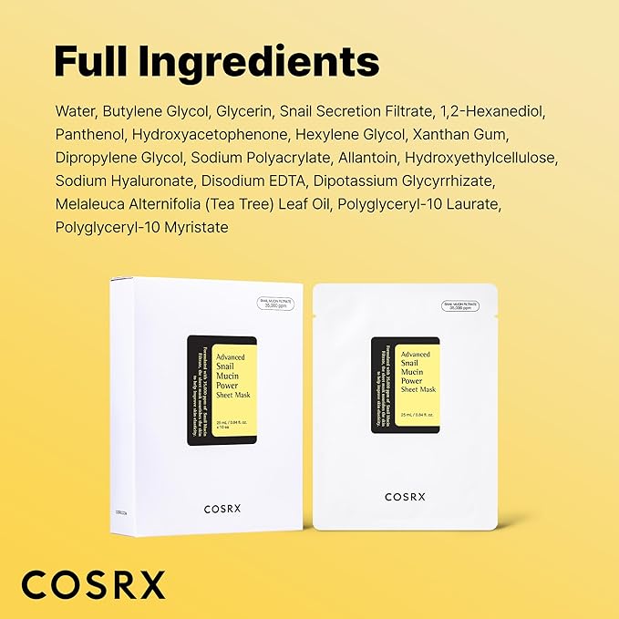 COSRX Snail Mucin Sheet Mask 10 EA with Snail Mucin Serum, Self Care, Face Masks for Dry, Sensitive Skin, Not Tested on Animals, No Parabens, No Sulfates, Korean Skin Care, Stocking Stuffers