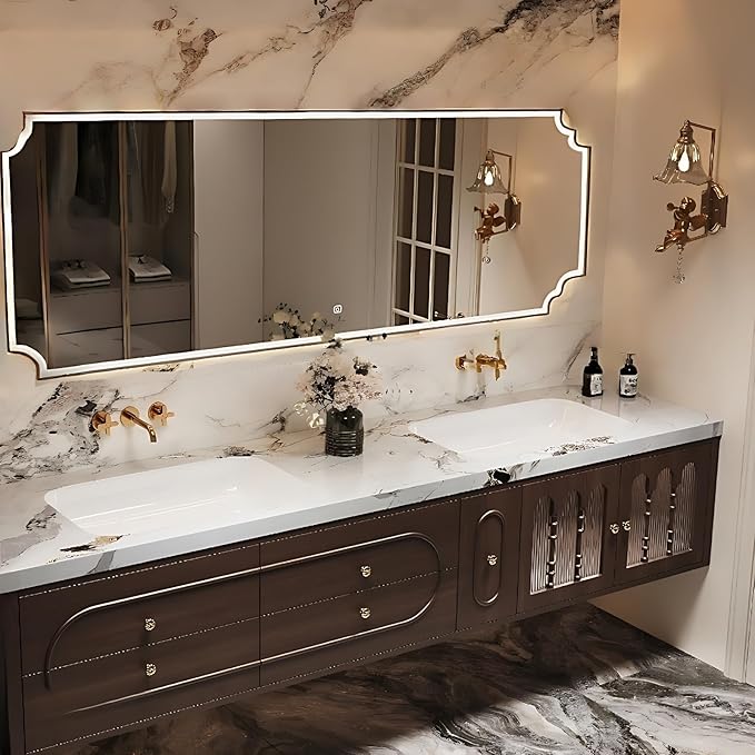 Bathroom Vanity with Sink - Luxurious Bathroom Sink Cabinet, Floating Vanity with Smart Defog Mirror and Solid Wood Multifunctional Cabinet, Complete Accessories (Brown, 56")