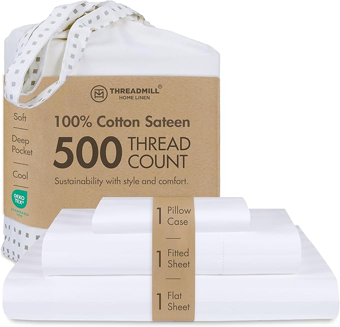 Threadmill 500 Thread Count Twin Size Damask Stripe, 3 Pc Luxury Cotton Bedding Set, Breathable & Soft Stripe Hotel White Sheets with 15" Elasticized Deep Pocket, 1 Pillowcase & Free Tote Bag