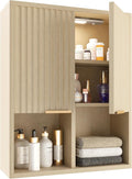 HAIOOU Fluted Bathroom Wall Cabinet with Motion Sensor Light, Curved Profile Wooden Medicine Cabinet Wall Mounted Cupboard, Wave Like Over Toilet Storage Cabinet with Buffering Hinges - Natural