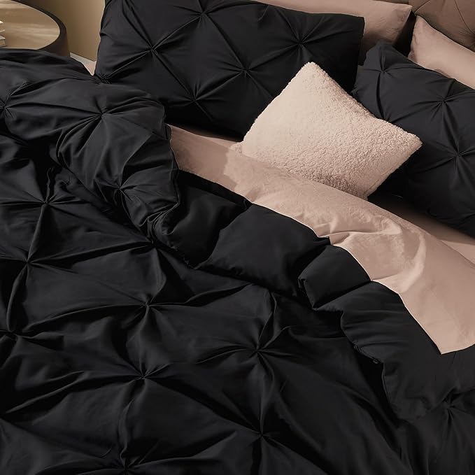 Litanika Black Queen Pinch Pleat Duvet Cover, 3 Pieces Pintuck Cover Soft Microfiber Bedding Set with Zipper Closure & Corner Ties(90x90Inch-1 Duvet Cover, 2 Pillowcases)