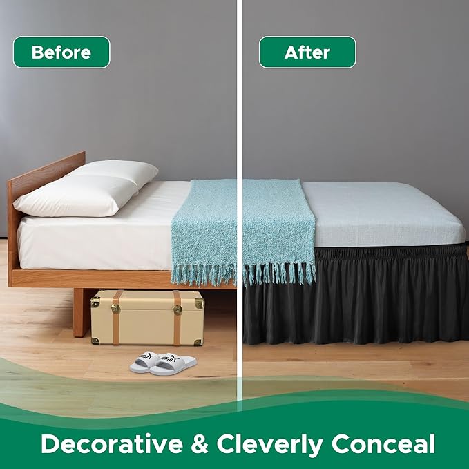 Biscaynebay Wrap Around Bed Skirts for Full & Full XL Beds 14" Drop, Black Adjustable Elastic Dust Ruffles Easy Fit Wrinkle & Fade Resistant Silky Luxurious Fabric Solid Machine Washable