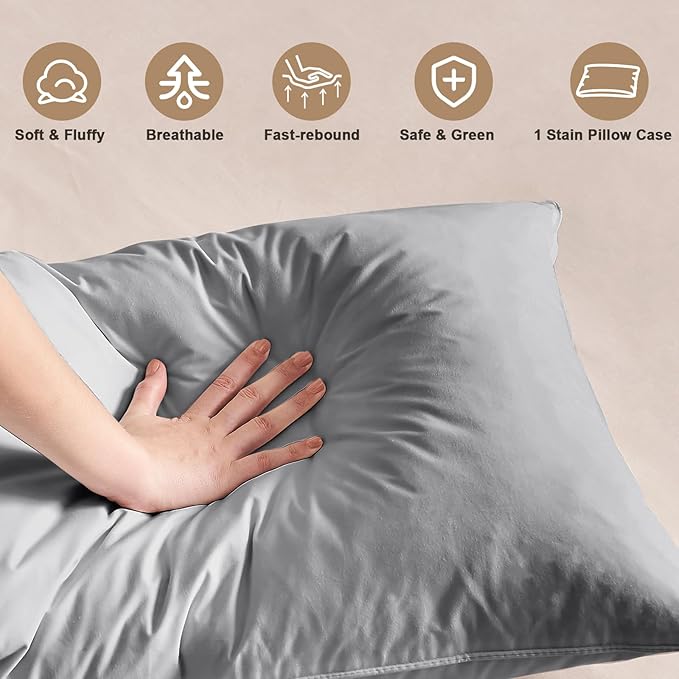 BHZ Satin Goose Down Feather Pillows King Size with Satin Pillowcase for Hair and Skin, Cooling Pillow Cases Similar to Silk Pillow Cases, Decorative for Women, Mom Men, Grey