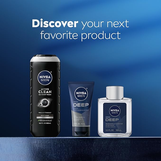 NIVEA Men Active Clean Body Wash with Natural Charcoal for Normal to Oily Skin, 3-in-1 Charcoal Body Wash, Face and Hair, Draws Out Dirt and Impurities, 16.9 Fl Oz Bottle, Pack of 3