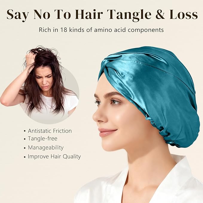 ZIMASILK 100% 22 Momme Mulberry Silk Bonnet for Sleeping Women, Breathable Silk Hair Wrap for Premium Hair Protection - Reducing Friction (1Pc, Turquoise)
