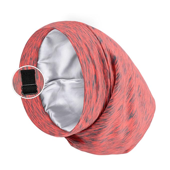 Satin Lined Sleep Cap Bonnet for Curly Hair and Braids, Stay On All Night Hair Wrap with Adjustable Strap for Women and Men, Carol Pink, Pack of 1