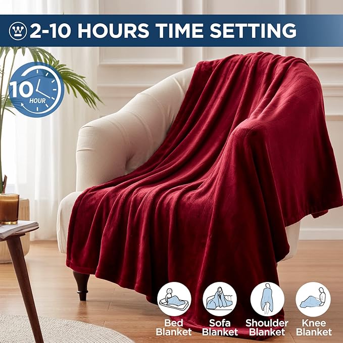 Westinghouse Electric Blanket Heated Throw, Super Cozy Soft Flannel 50"" x 60"" Heated Throw with 6 Fast Heating Levels & 2-10 Auto-Off, Machine Washable, ETL&FCC Certification, Home Office Use, Red