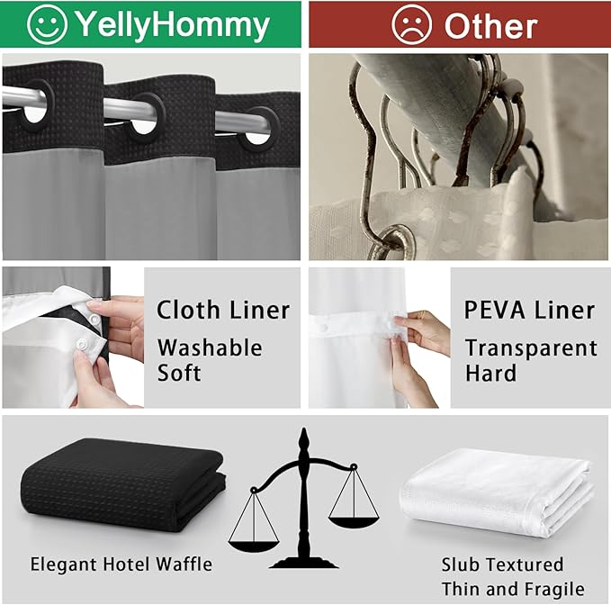 YellyHommy No Hook Shower Curtain with Snap in Liner Set Less Time Black Waffle Shower Curtain for Bathroom 87" L x 72" W