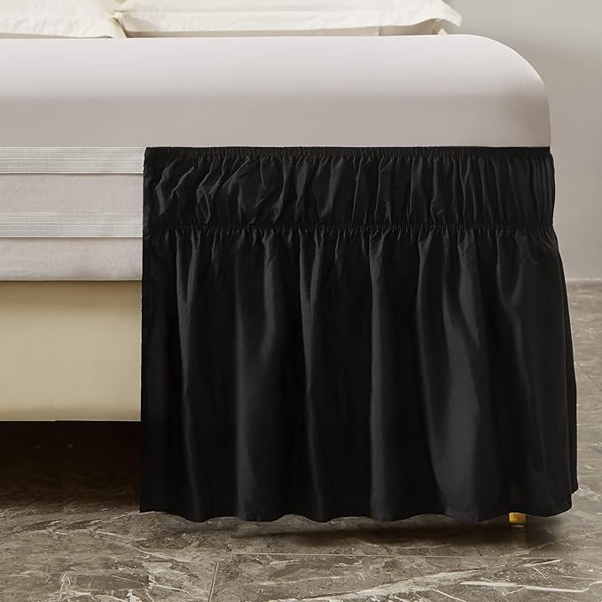 MEILA Wrap Around Bed Skirt Three Fabric Sides Elastic Dust Ruffled 24 Inch Tailored Drop,Easy to Install Fade Resistant-Black, Queen/King