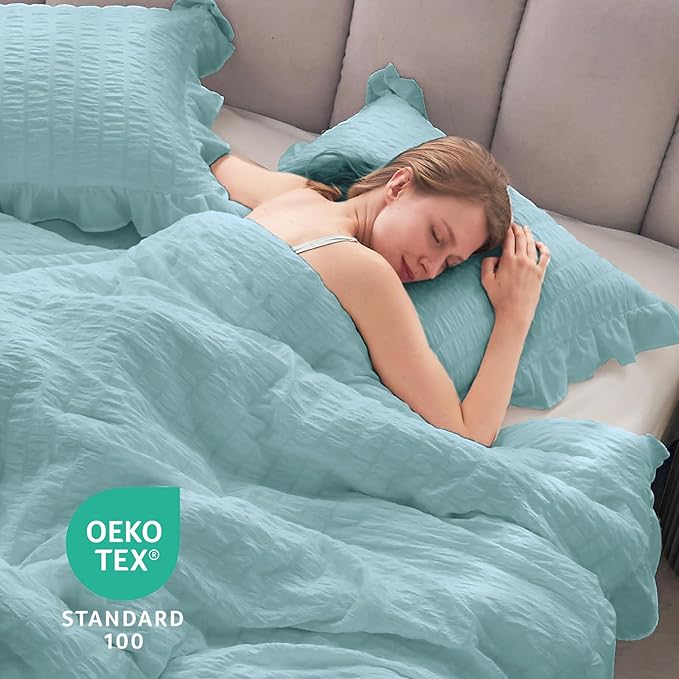 JOLLYVOGUE Blue Twin Size Comforter Set, 2 Pieces Seersucker Lightweight Fluffy Bedding Set, Twin Ruffle Comforter, All Season Soft Microfiber Shabby Chic Bed Set
