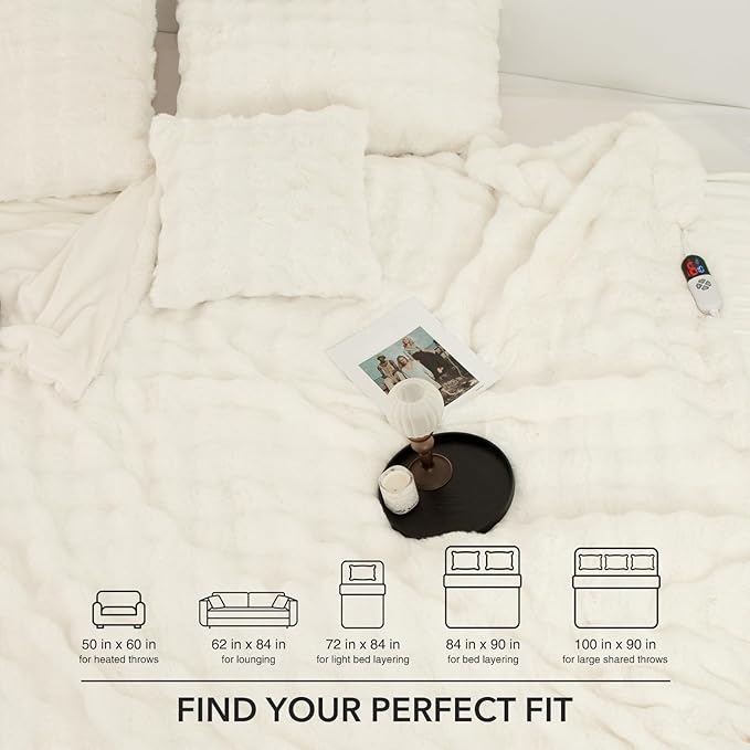 Faux Rabbit Fur Bubble Heated Blanket King Size White - Fluffy Thick King Size Electric Blanket with Dual Control, 6 Heating Levels & 10 Timer Settings, ETL Certified, Home Decor (100" x 90")