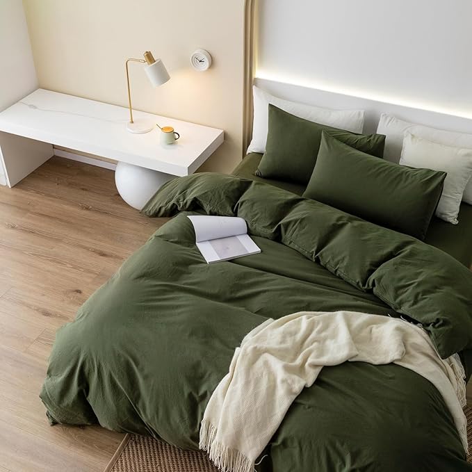 JIYUAN 100% Washed Cotton Duvet Cover Set 3 Pieces Queen, 1 Duvet Cover 90x90 Inches(Comforter Not Included) and 2 Pillowcases,Linen Feel Bedding Set Comfy and Breathable,Olive Green