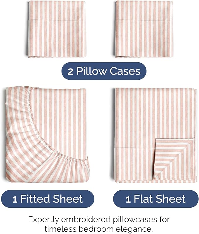King Size 4 Piece Sheet Set - Comfy Breathable & Cooling Sheets - Hotel Luxury Bed Sheets for Women & Men - Deep Pockets, Easy-Fit, Soft & Wrinkle Free Sheets - Blush Stripes Oeko-Tex Bed Sheet Set