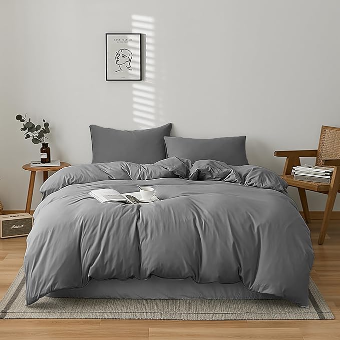 Cottonight Grey Comforter Set Twin Dark Grey Bedding Set Modern Solid Gray Blanket Quilts Modern Soft Breathable 3 Piece Comforter Set for Twin Bed Boys Kids