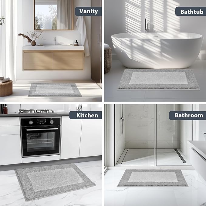 Bathroom Rugs 24" x 36", Non-Slip Extra Soft Absorbent Bath Rugs, Machine Washable Quick Dry Bath Mats for Bathroom Floor, Shower, Bathtub and Sink, Light Grey & Grey