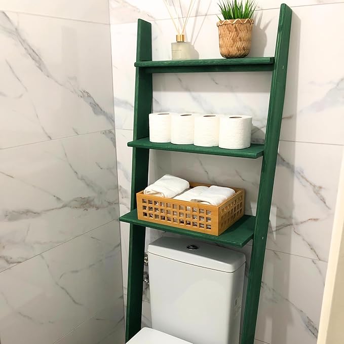 Over The Toilet Birch Wood Bathroom Organizer Shelves, 3-Tier Freestanding Above Toilet Storage Ladder Shelf, Standing Space Saver Behind Toilet Small Bathroom Organizer (Verde)
