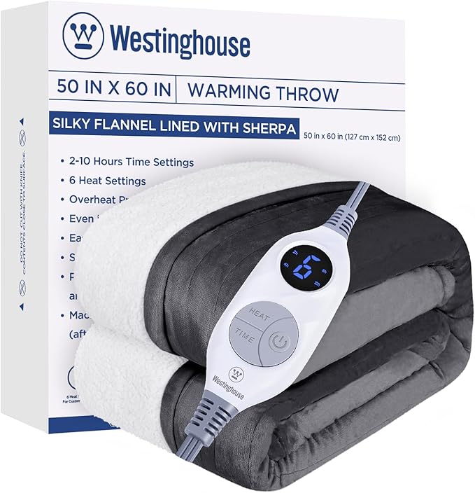 Westinghouse Heated Throw Blanket, Electric Blanket Throw with 6 Heating Levels and 2-10 Hours Time Settings, Flannel to Sherpa Super Cozy Heated Blanket Machine Washable, 50x60 inch, Charcoal