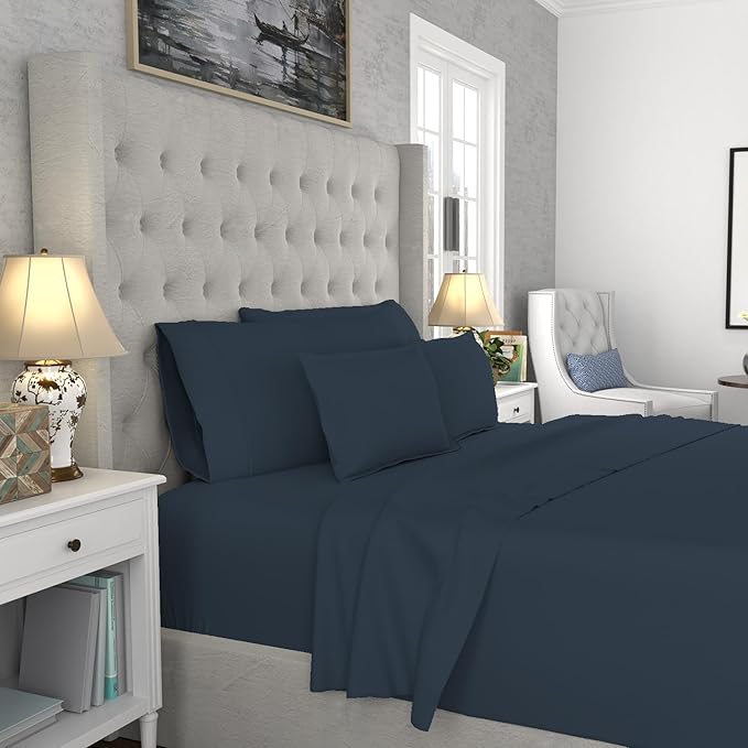 SUPREME ELEGANCE Hotel Luxury Cotton Blend Navy Sheet Set Queen Size, 1200 Thread Count Ultra Soft Sateen Sheet Set, Moisture Wicking & Wrinkle Resistant, Easy Care Fall Bedding Set