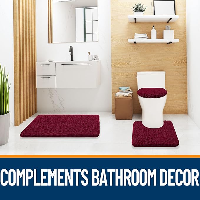 OLANLY Soft Chenille Bathroom Toilet Lid Cover, Machine Washable Seat Covers, 17.5x15, Stays in Place Rubber Backing, Fits Most Round, Elongated and Oblong Lids, Accessories Decor, Burgundy