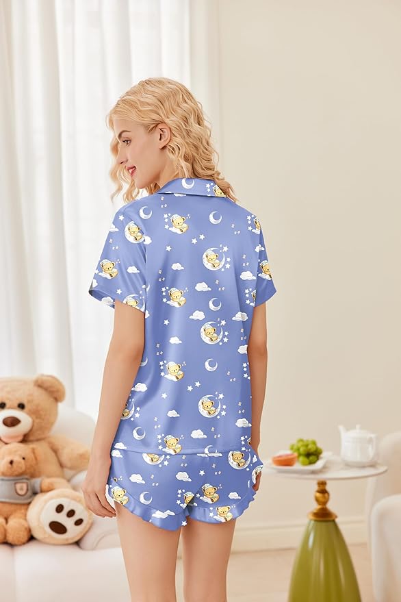 Ekouaer Womens Satin Pajamas Set Button Down 2 Piece Silk Pjs Shorts Set Ruffle Lingerie Notch Collar Sleepwear