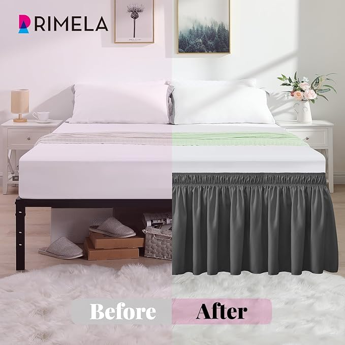 RIMELA Dark Grey Bed Skirt Queen Size 18 Inch Drop, Elastic Bed Skirting for Bed Base and Frame, Bedding Dust Ruffle Easy to Install, Lightweight Wrap Around Adjustable Bedskirt