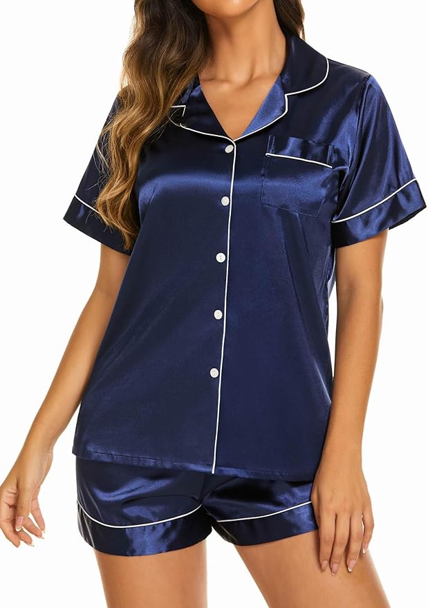 Ekouaer Pajamas for Women Set Silk Satin Pjs Shorts Sleepwear 2 Piece Loungewear S-XXL