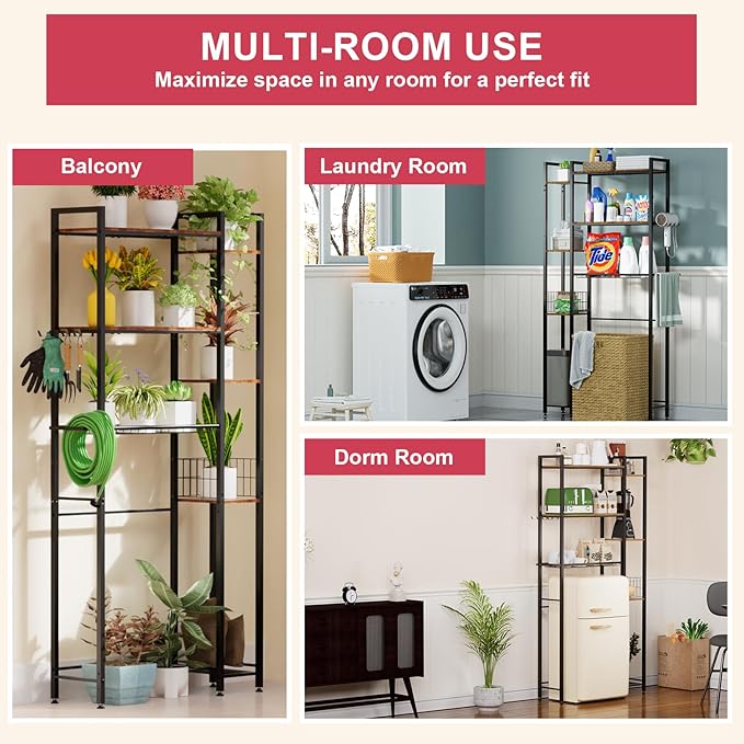 31.5" Wide Over Toilet Bathroom Organizer, Solid Wood Over The Toilet Storage With Paper Holder, Hooks, Side Shelf, Freestanding Bathroom Shelves Over Toilet for Laundry Room, Dorm Room, Balcony