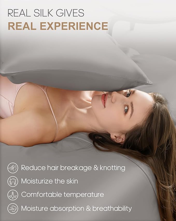 THXSILK Set of 2 Silk Pillowcases for Hair and Skin, 22 Momme, 100% Mulberry Silk Bed Pillowcases with Hidden Zipper, Soft Breathable Smooth, King Pillow Case (Grey)