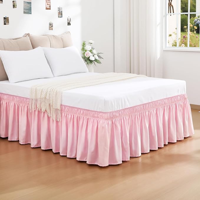 RIMELA Dusty Pink Bed Skirt Queen Size 18 Inch Drop, Wrap Around Elastic Bedskirt, Dust Ruffle for Adjustable Bed Base Machine Washable Easy to Install Bed Skirts