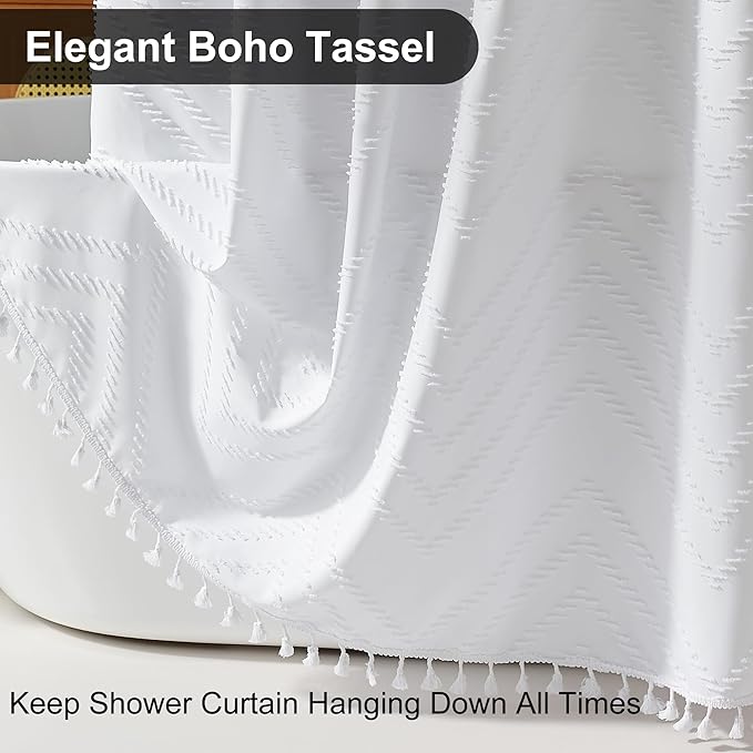 Extra Long Shower Curtains 72 x 84 Inches Tufted Chevron White Shower Curtains Fabric for Bathroom Modern Shabby Chic Waterproof Cloth Shower Curtain