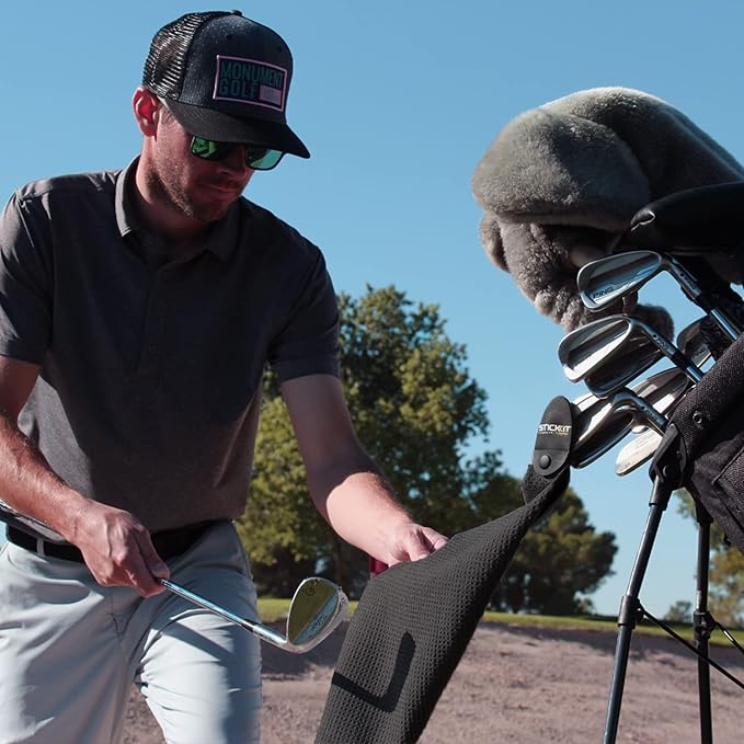 STICKIT Magnetic Towel, Black | Top-Tier Microfiber Golf Towel with Deep Waffle Pockets | Industrial Strength Magnet for Strong Hold to Golf Carts or Clubs