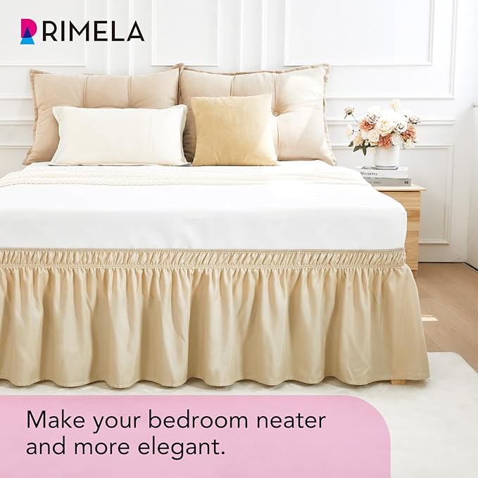 RIMELA Oatmeal Bed Skirting Queen Size Bed Skirt 15 Inch Drop, Wrap Around Elastic Adjustable Bedskirt, Dust Ruffle for Bed Frame & Box Spring Soft Durable Fabric Machine Washable Easy to Install