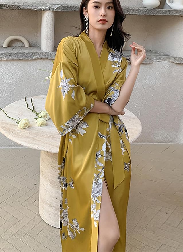 Silk Satin Robe for Women Long Japanese Kimono Robe Lightweight Soft Bathrobe Floral Luxury Dressing Gown