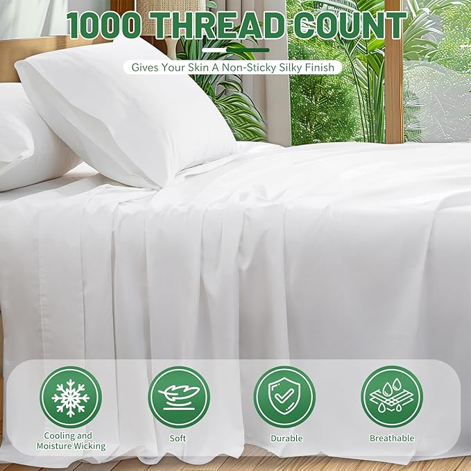 100% Egyptian Cotton Sheets King Size 1000 Thread Count Sateen Weave Soft Breathable 16-Inch Deep Pocket 4PCS（King,White）
