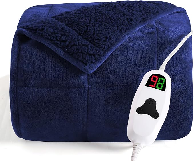 CYMULA Heated Weighted Blanket for Adults, Weighted Heated Blanket 48" x 72", 15lbs Sherpa Fleece Weighted Electric Blanket Soft Heating Blanket with 10 Heating Levels & 1-8 Hours Auto Off, Navy