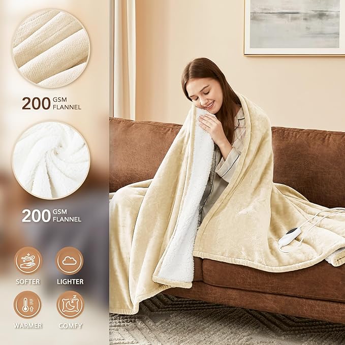 Homemate Electric Heated Blanket Twin Size - 62"x84" Heating Blanket Twin Size 1/2/4/6/8 Hours Auto-Off 10 Heat Level Over-Heat Protection Flannel Sherpa ETL Certification