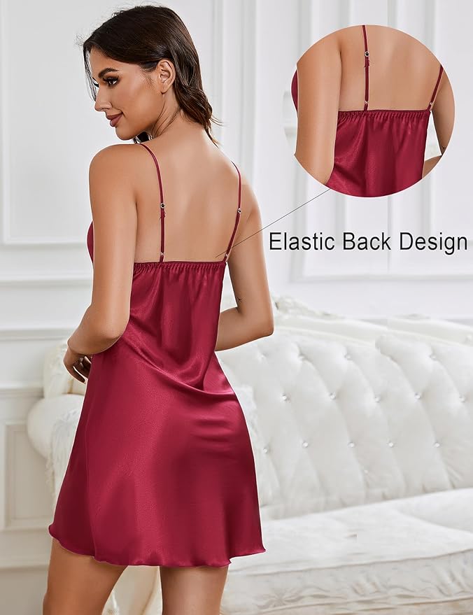 Marvmys Women's Satin Nightgown Sexy Lingerie Silk Slip Dress V Neck Chemise Mini Nighty