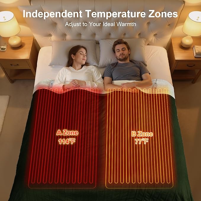 King Heated Blanket Dual Control - 100 X 90 Inch Washable Electric Blanket with 5 Heating Levels, 10 Hours Auto Off, ETL Certified, Soft Flannel Sherpa Heating Blankets for Bed, Green