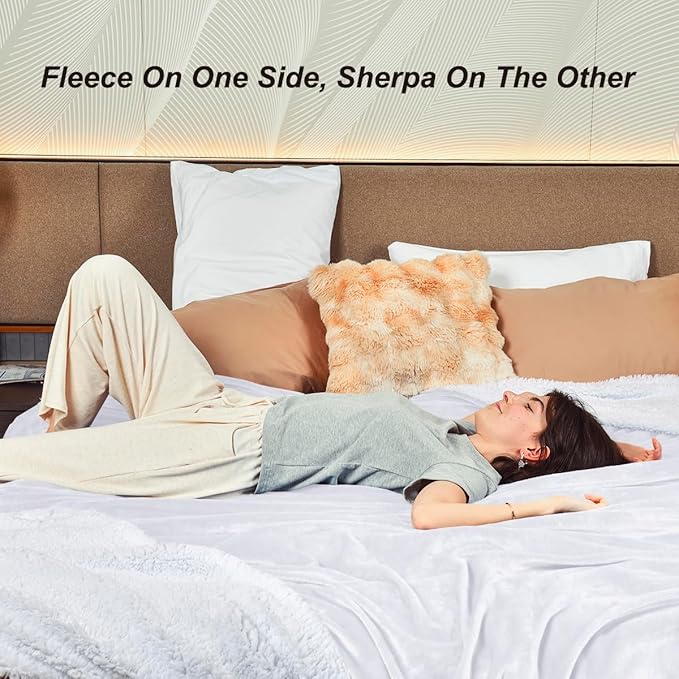 KAWAHOME Sherpa Fleece Queen Size Blanket for Bed - Extra Warm and Heavy Thick Blankets for Winter, Super Soft 500GSM Plush Blanket, 90"X 90" White