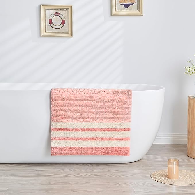 CozeCube Bath mats for Bathroom Non Slip, Fluffy Absorbent Microfiber Bath mat Washable, Aesthetic Bathroom Rugs, Large Blossom Pink Striped Bath mat, Blossom Pink, 36" x 24"