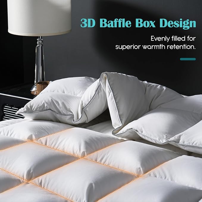 Goose Feather Down Fiber Comforter Queen Size, 100% Cotton Cover Ultra Soft Fluffy Duvet Insert Queen, All Season Luxurious Hotel Bedding Comforter, White 90"x90"