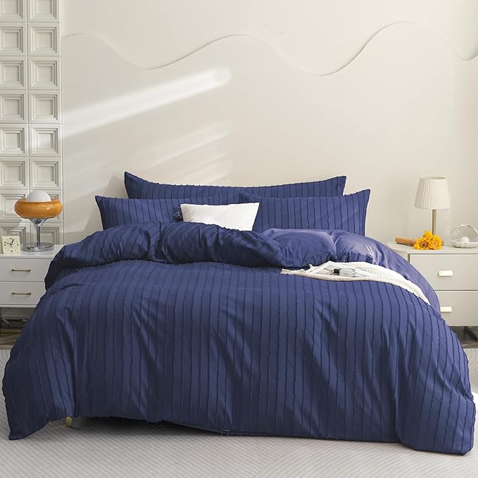 JELLYMONI Duvet Cover Twin Size Navy Blue - 3PCS Boho Striped Duvet Cover Set Polyester Tufted Bohemian Textured Comforter Cover 68×90in with Corner Ties & Zipper and 2 Pillowcases