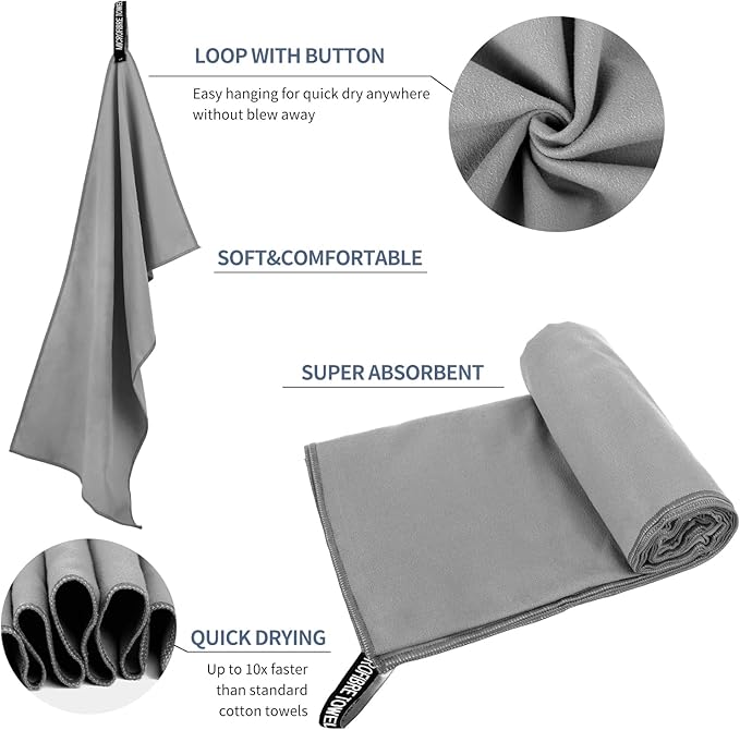 Microfiber Travel Towel, Soft Lightweight Quick Dry Towel, Super Absorbent Compact Travel & Sports & Beach Towels for Camping, Backpack, Gym, Swimming, Yoga, Hiking (M:20"×40" -Gray)
