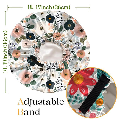 2 PCS Bonnets for Women Girls Satin Hair Bonnet Silk Adjustable Elastic Double Layer Hair Wrap Sleep Cap Comfort Cute-Flower