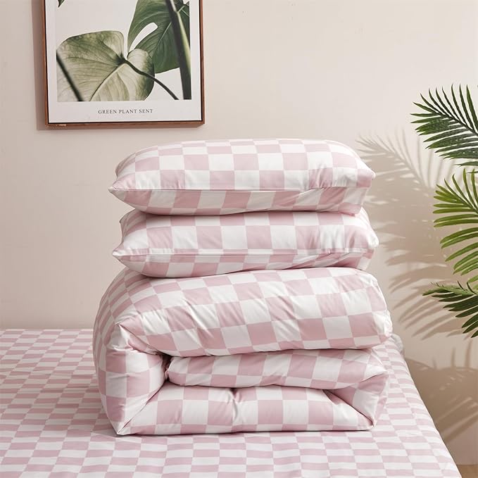 KAREVER Pink Grid Comforter Full Pink Plaid Bedding Set Girls Pink White Checkered Bed Comforter Set Breathable Blanket Set Kids Durable Bedding Comforter Set