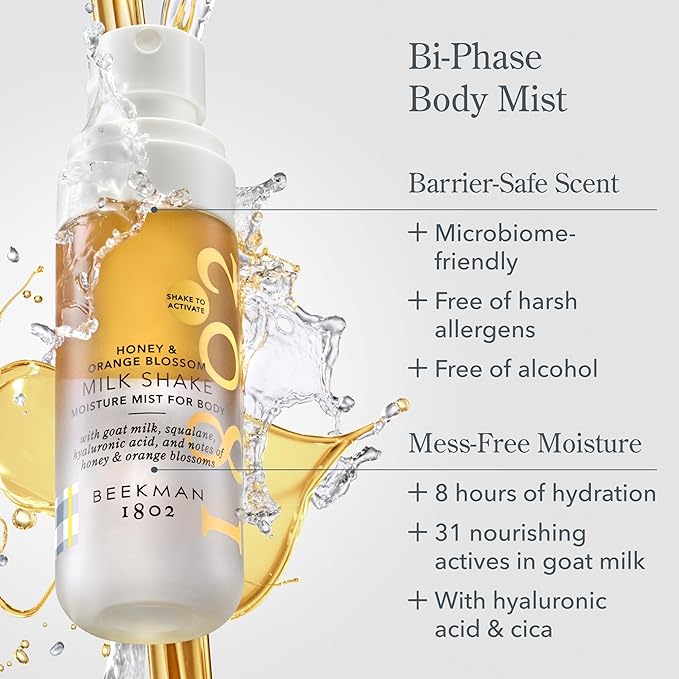 Beekman 1802 Milk Shake Body Mist - Honey & Orange Blossom 4.7 fl oz - Hyaluronic Acid, Jojoba Oil, Instantly Moisturizes, Hydrates & Softens, Good for Sensitive Skin, Cruelty Free