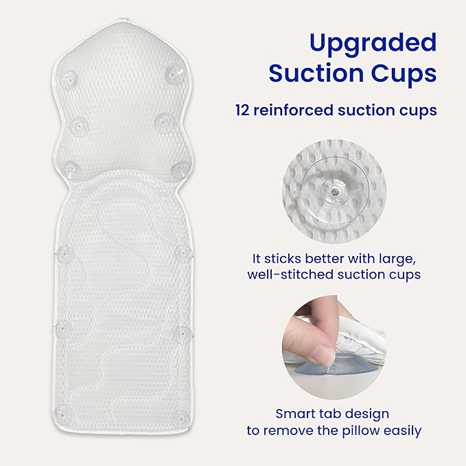Bath Pillows for Tub Full Body, Large Mesh tub Pillow for Bathtub for Head, Neck and Back Support with Laundry Bag and Hanger for Quick Drying White