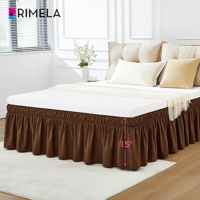 RIMELA Bed Skirt Queen Size 15 Inch Drop, Elastic Bed Skirting for Bed Base and Frame, Bedding Dust Ruffle Easy to Install, Wrap Around Adjustable Bedskirt, Chocolate Brown