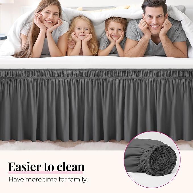 RIMELA Dark Grey Bed Skirt Queen Size 18 Inch Drop, Elastic Bed Skirting for Bed Base and Frame, Bedding Dust Ruffle Easy to Install, Lightweight Wrap Around Adjustable Bedskirt