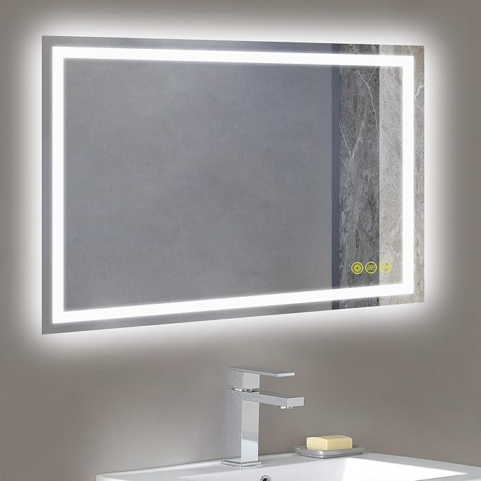 Wall-Mounted LED Square Bathroom Mirror, Makeup Mirror (36 inches x 24 inches,) 3 Color Stepless Dimmable Memory Bathroom Vanity Mirror with Lights CRI90+ 3000-6400K Smart Mirror with Touch